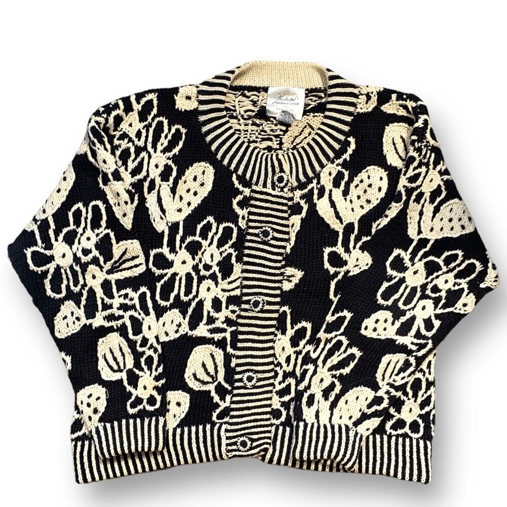 Vintage Express Handknit Floral Cardigan Black Cream XS Chunky Cottage Eclectic